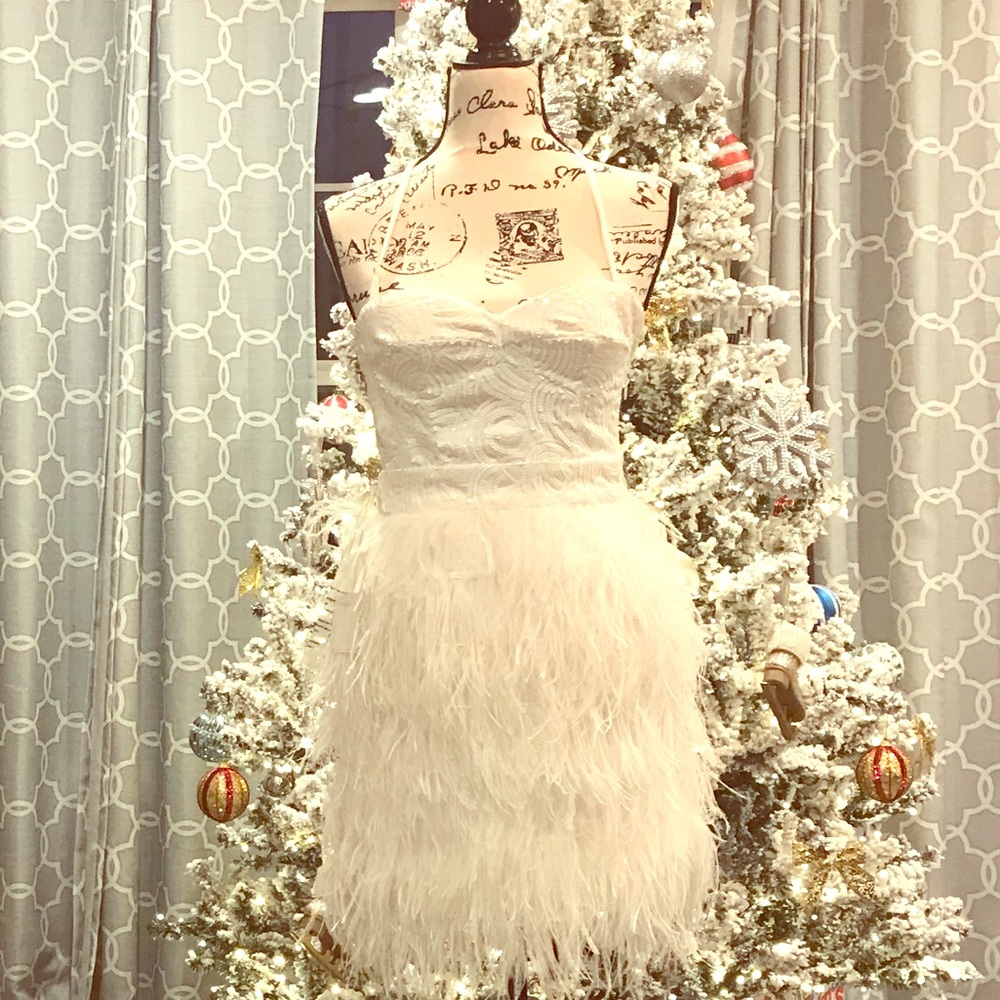 Bebe Feather Sequin Dress Hand Embellished